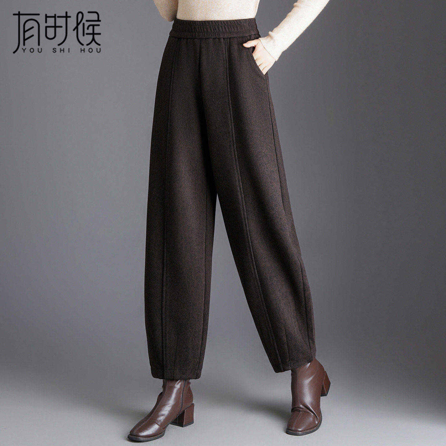 毛呢裤子女秋冬2026款九分哈伦裤