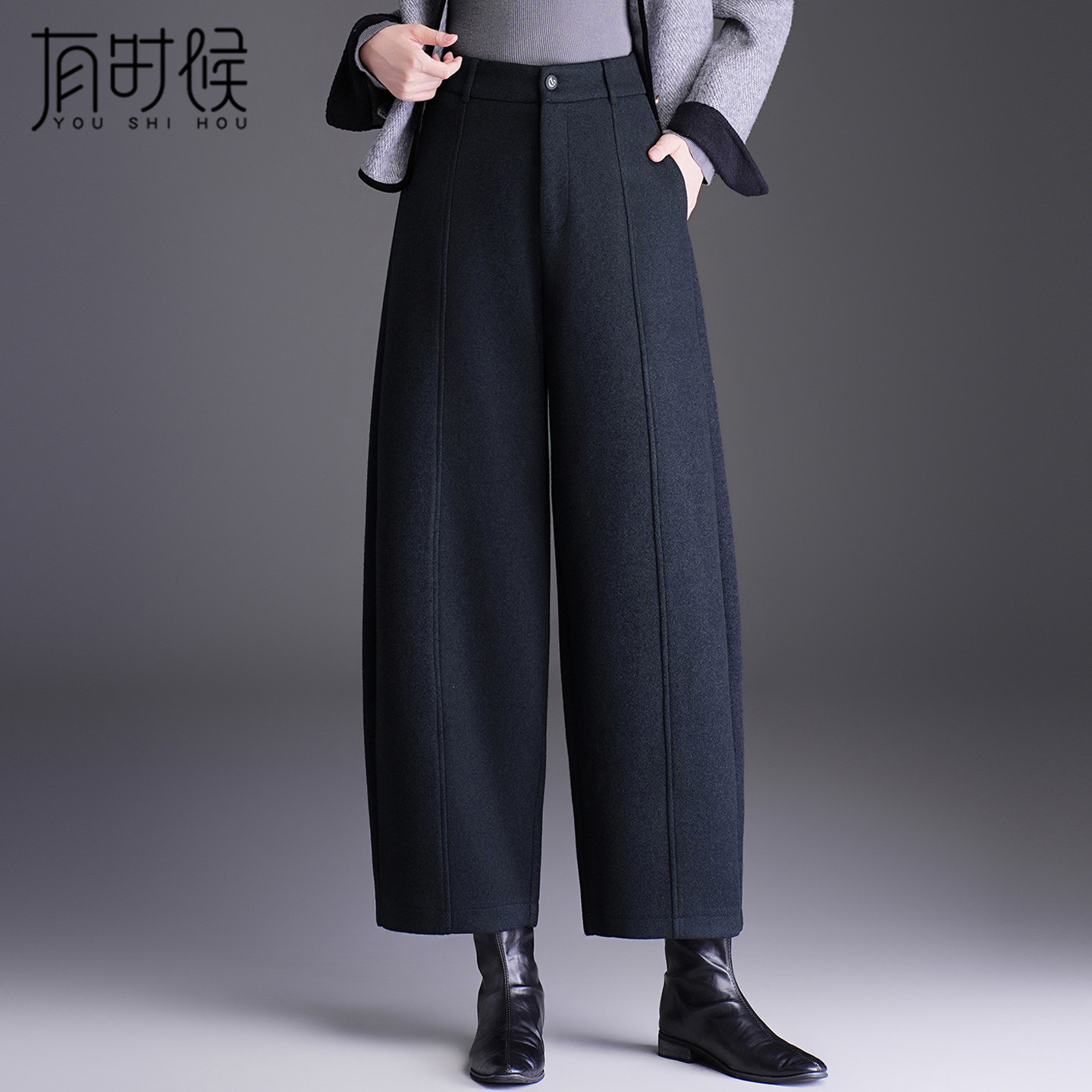 毛呢阔腿裤女秋冬季妈妈直筒裤