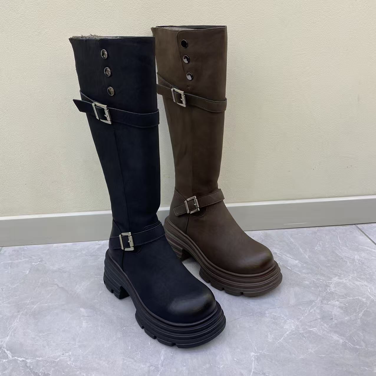 2025秋冬新款女款真皮高筒加绒长靴松糕底增高时尚百搭女靴