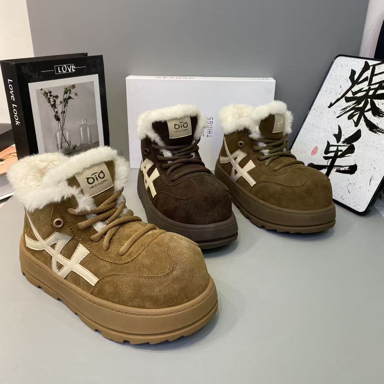 冬季新款女鞋磨砂牛皮加棉保暖雪地靴时尚百搭舒适防滑底高帮鞋