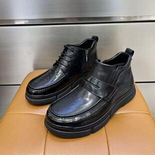 第六感冬季新款男鞋牛皮鞋面加棉时尚舒适百搭防滑底高帮男鞋