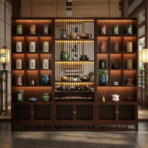 新中式楠竹博古架茶室茶叶展示柜