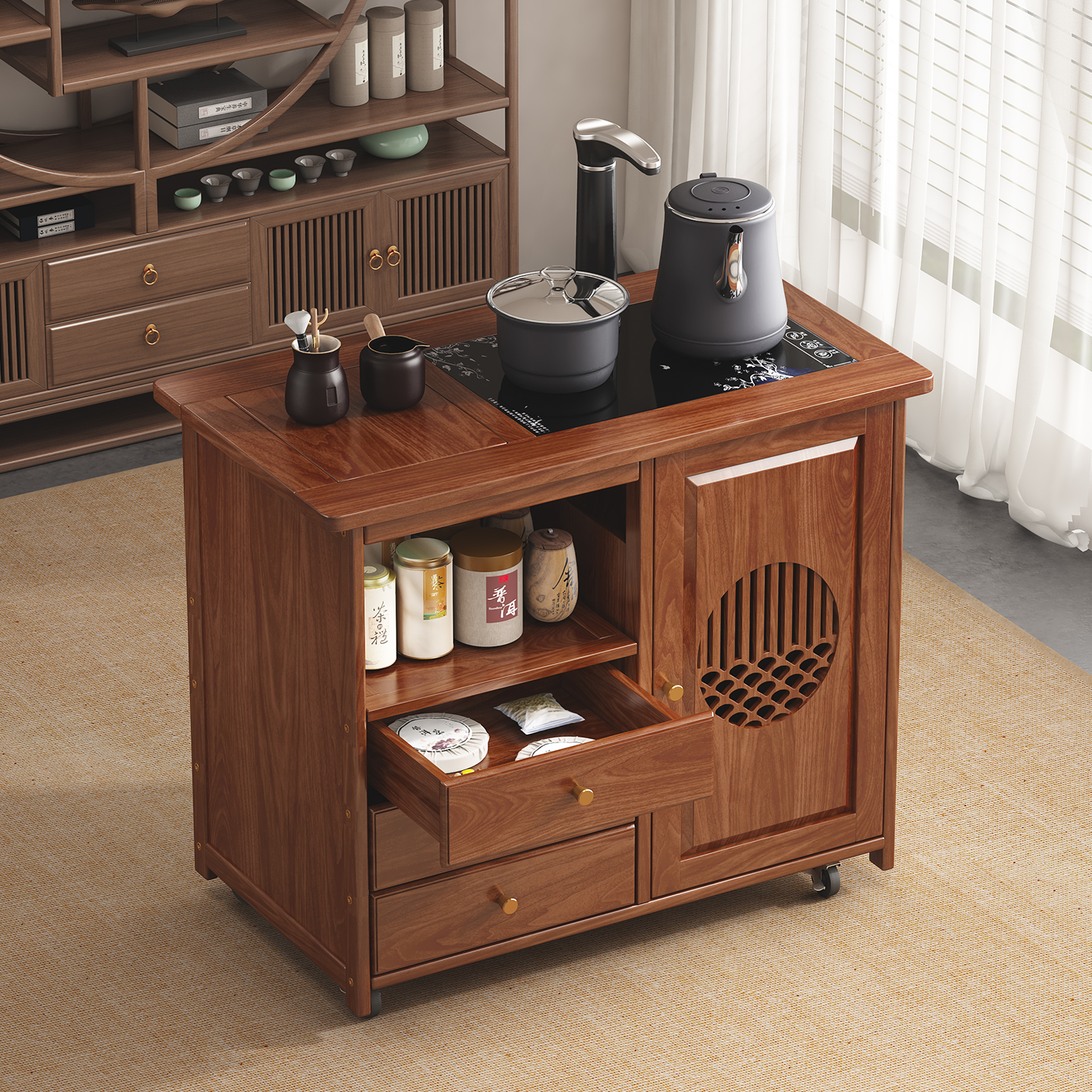 移动实木茶桌小茶几客厅家用茶具茶台一整套茶水柜茶车煮泡茶桌子