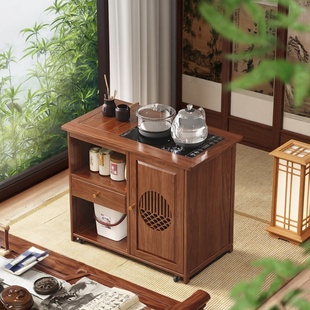 中式 实木茶几移动小户型客厅储物柜茶台紫红檀木色带轮烧水茶桌子