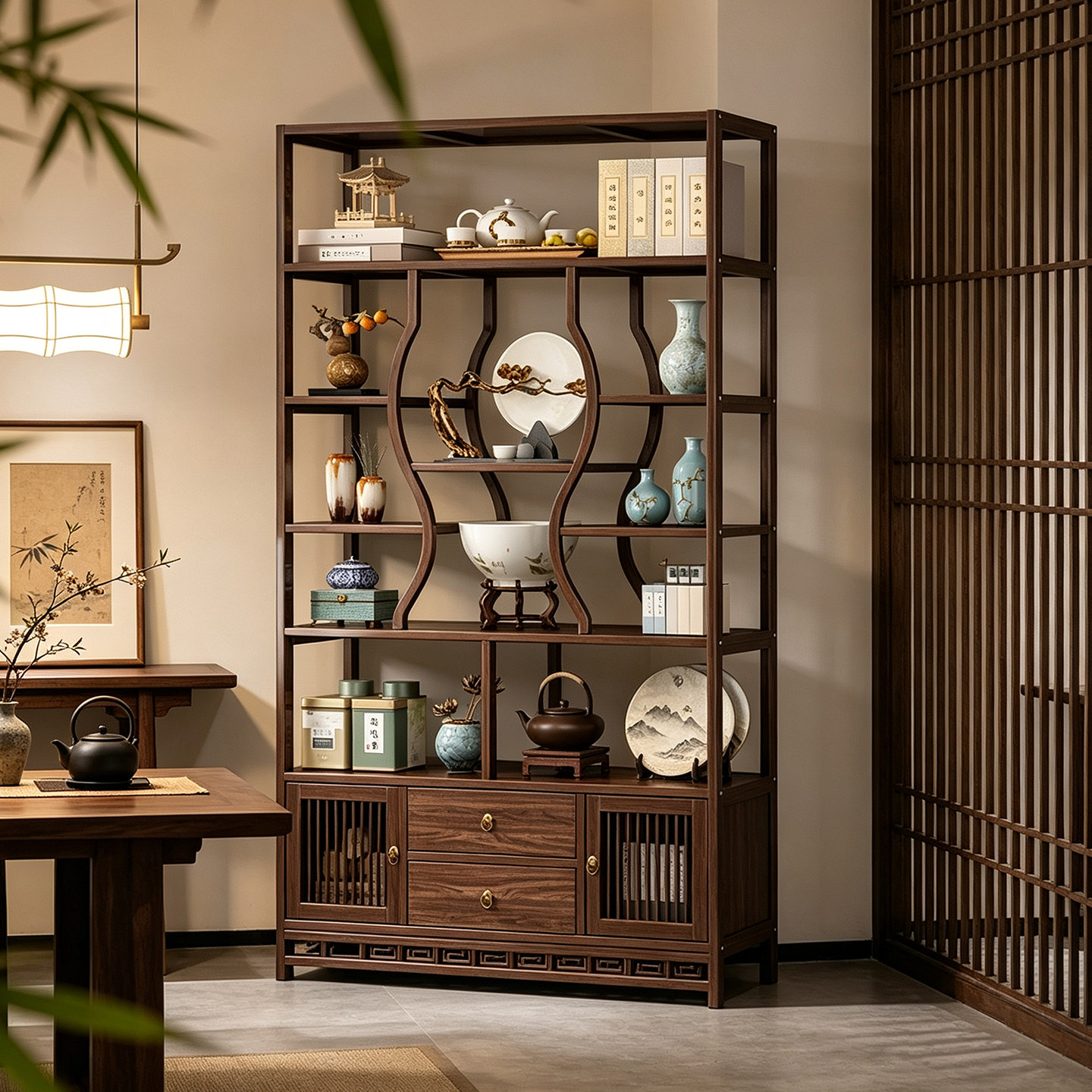 中式仿古多宝阁博古架茶具收纳