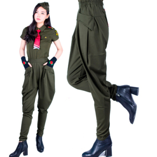 軍綠馬褲 水兵舞蹈服裝 情侶款 薄款 長褲 黑色寬松哈倫褲 夏季 女大碼