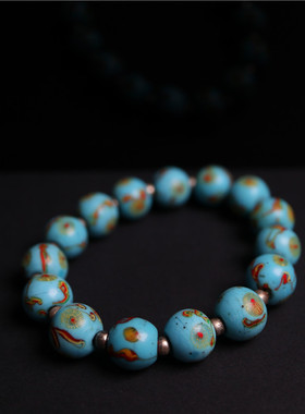 包老清代官造天蓝色凤眼老琉璃珠手串飘彩琉璃串高档文玩多宝单圈