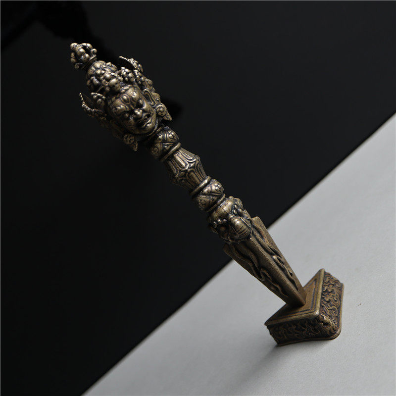 精品高清浮雕西藏利玛铜藏式降魔金刚橛杵带底座一套供养摆件