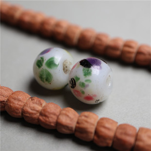 高档文玩配珠精品清代水墨点彩熊猫翠竹琉璃散珠一对腰珠 包老