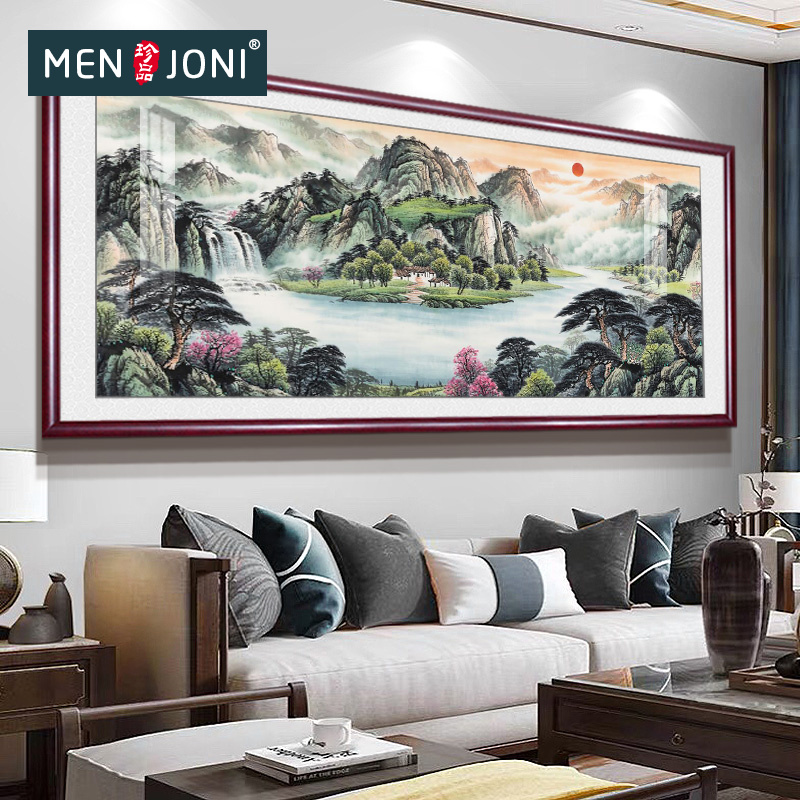 Men&Joni新中式山水画实木玻璃客厅装饰画沙发背景墙风景壁画图片