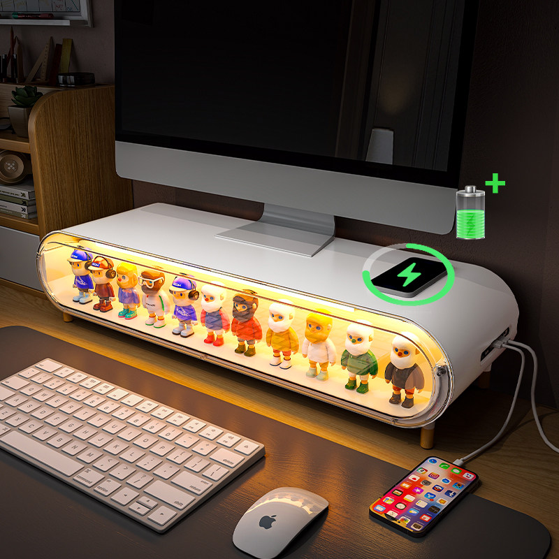 无线充电电脑增高支架盲盒收纳盒办公室台式显示屏垫高底座笔记本键盘托架子女生工位带抽屉多功能改造置物架