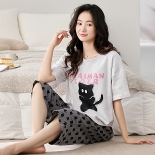 睡衣女款夏季短袖七分裤纯棉可爱夏天薄款家居服学生广州揭阳套装