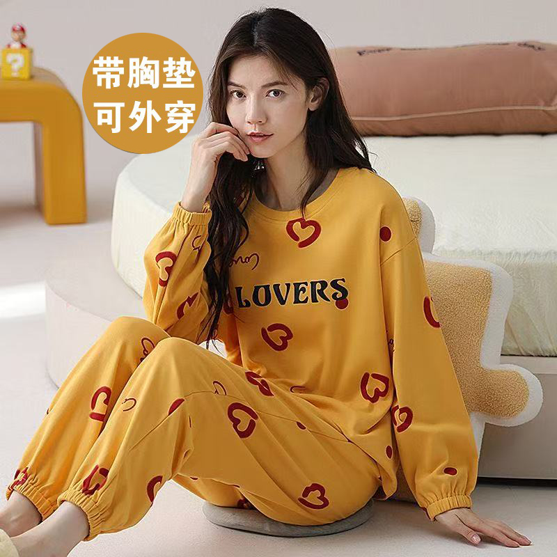 秋季女大童长袖长裤套装纯棉小个子睡衣儿童女孩秋天带胸垫家居服