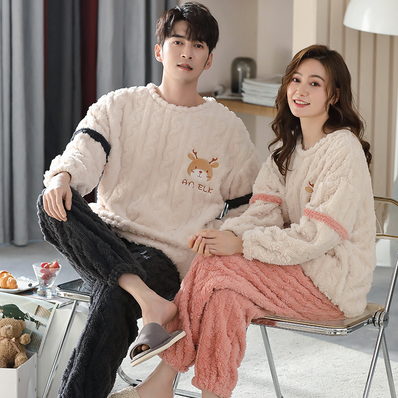 秋季珊瑚绒情侣睡衣女新款2025款冬款青少年初中生小个子家居服男