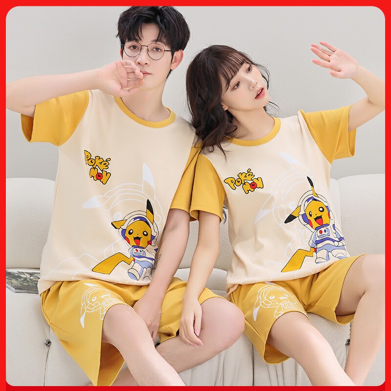 睡衣情侣装一男一女夏季纯棉短袖家居服青少年初中生学生卡通大码