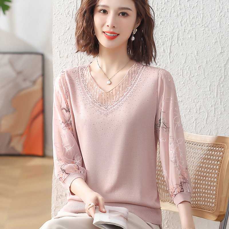 2023妈妈秋装新款针织衫上衣纱袖女洋气薄款毛衣中老年春秋打底衫