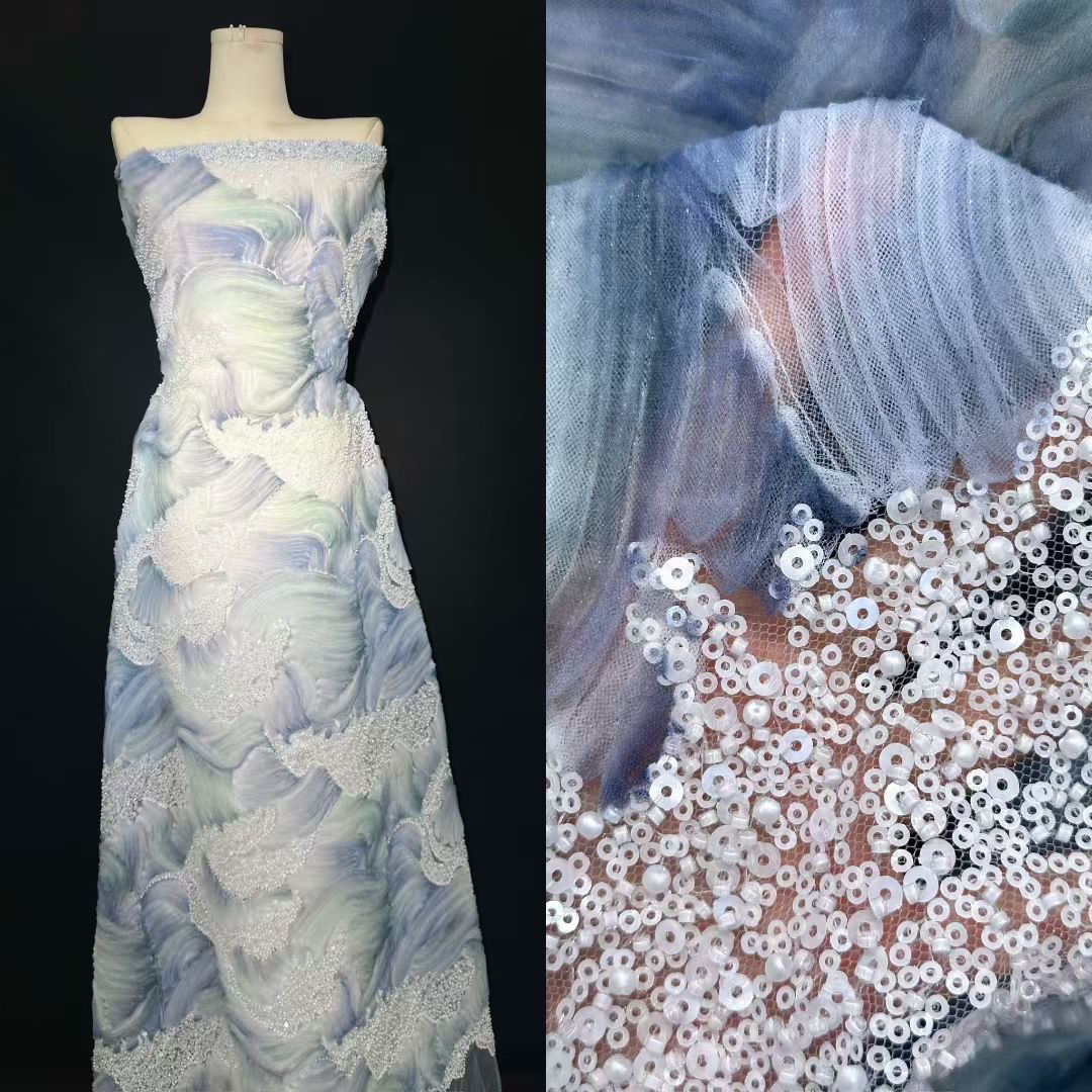 新款立体海浪水墨风刺绣面料 婚纱珠管面料 欧美轻奢晚礼服布料
