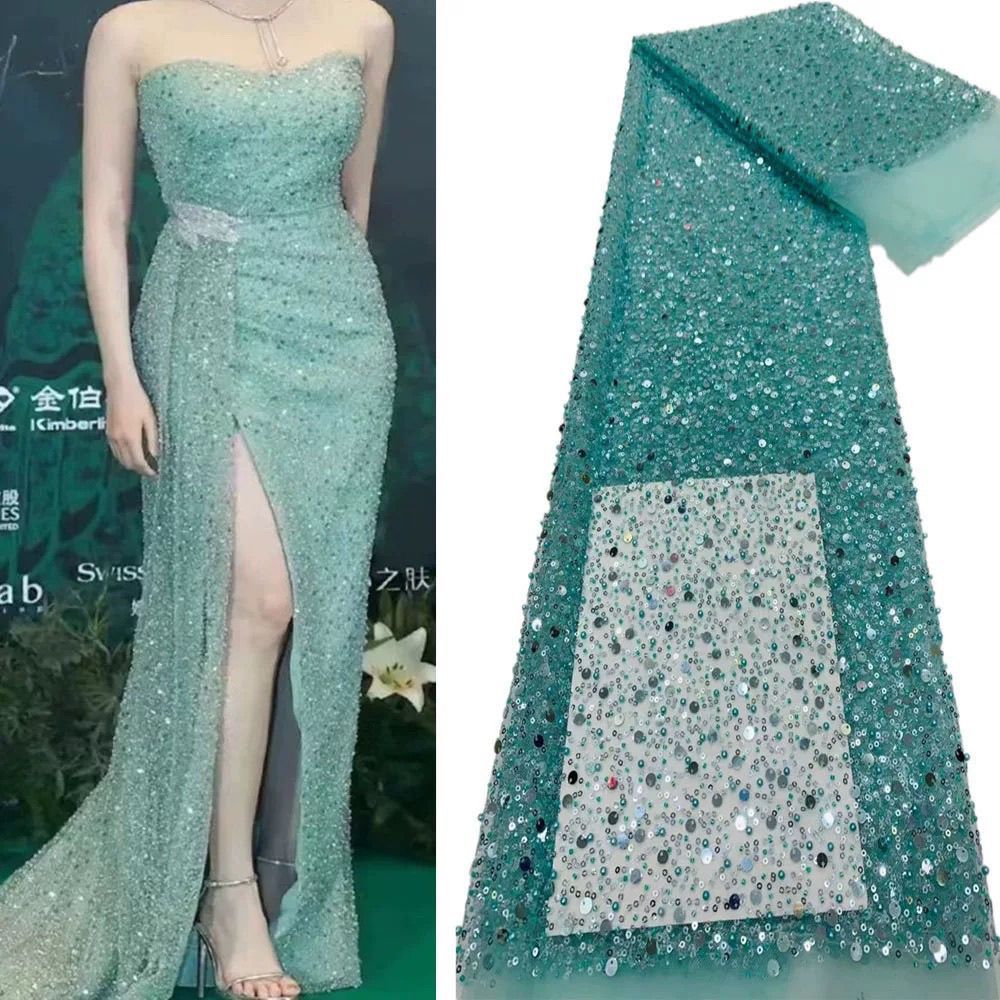 现货批发希版亮片珠子绣网布面料 婚纱礼服网纱珠子重工刺绣布料