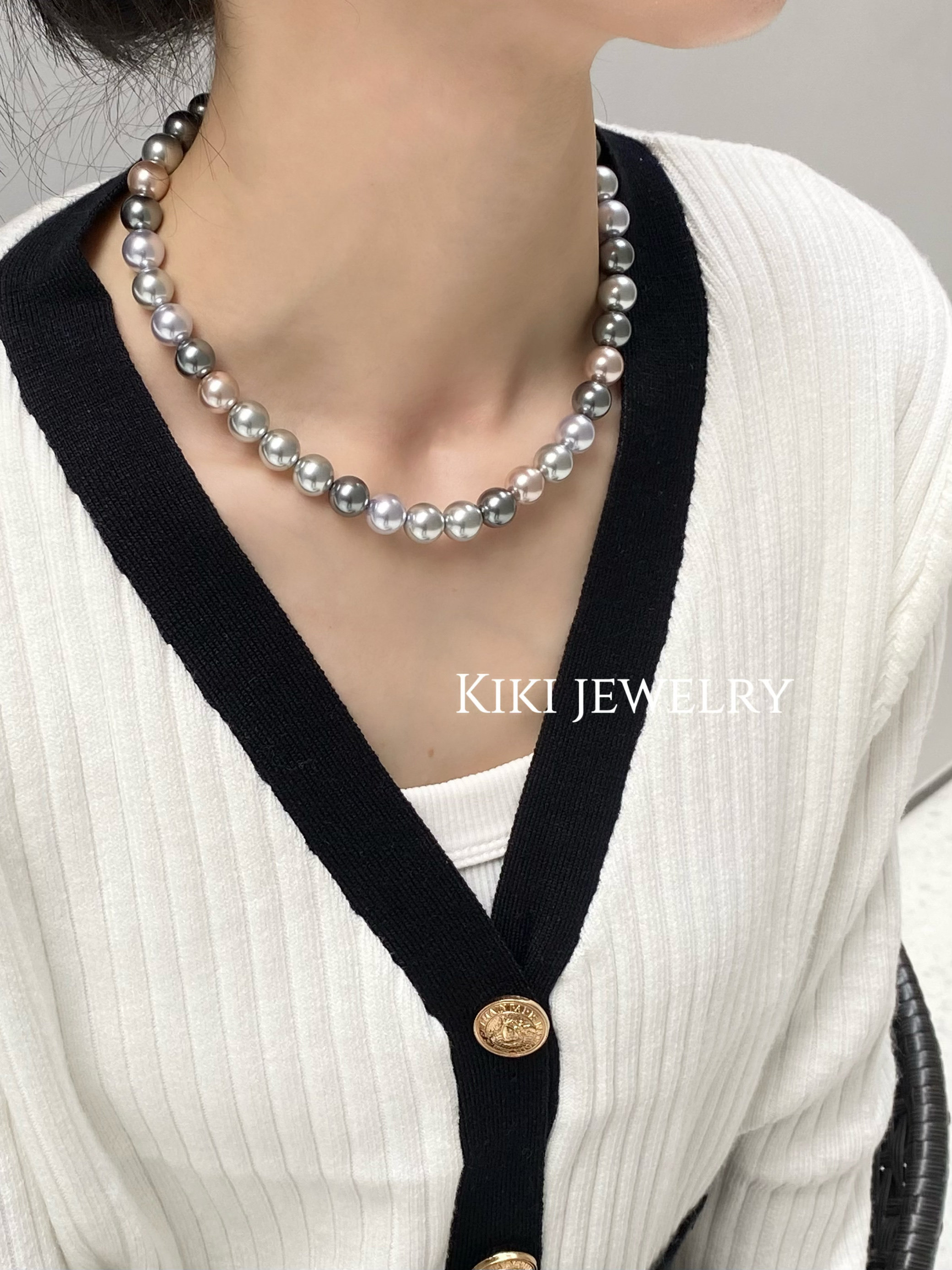 kiki.人造大溪地混彩珍珠项链莫兰迪色锁骨链明星同款choker