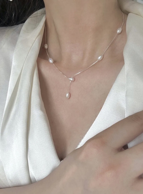 Kiki.瑞秋同款 淡水珍珠Y形项链 手工淡水珍珠流苏耳线S925纯银
