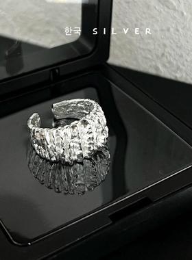 韩国新款s925纯银戒指女肌理纹波纹开口可调节个性小众时尚设计感