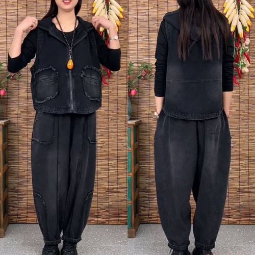 女士全棉水洗牛仔马甲裤子套装大码宽松妈妈装两件套文艺哈伦套装