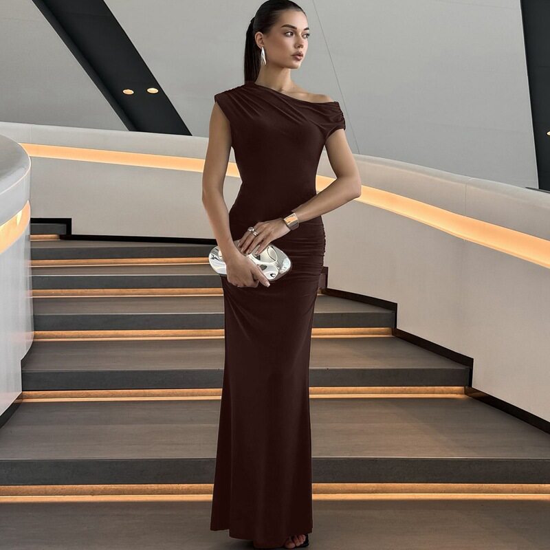 亚马逊女2026夏季新品欧美跨境收腰显瘦露肩性感纯色长裙连衣裙