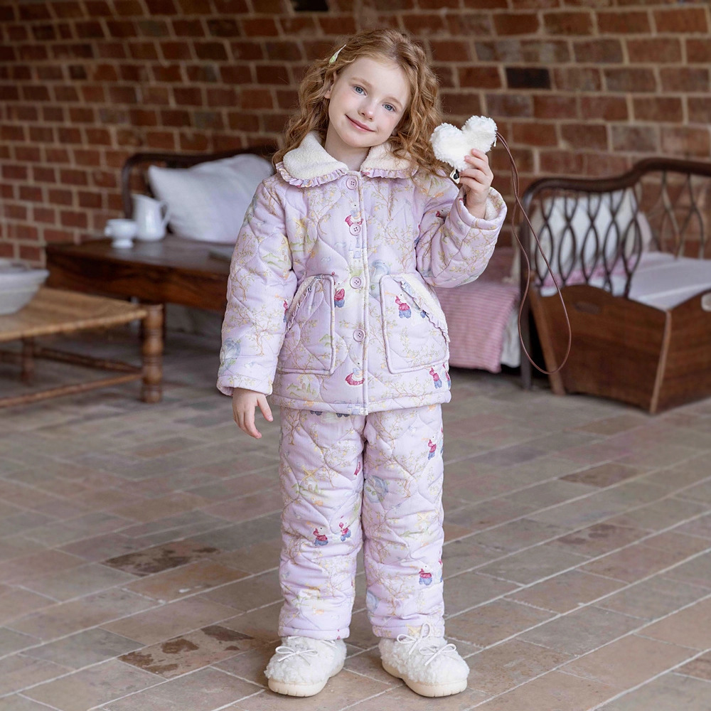 2025冬季新品鱼飞云游女童三层加厚夹棉睡衣保暖家居服套装外穿