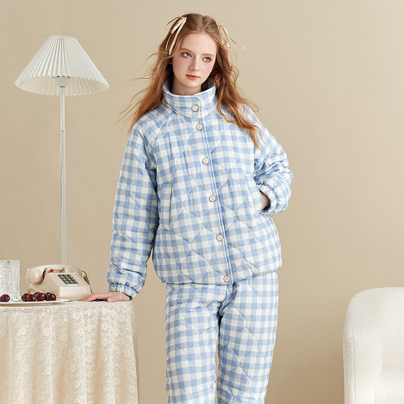 文艺居家蓝色小格夹棉加厚家居服套装秋冬保暖棉服可外穿女士睡衣