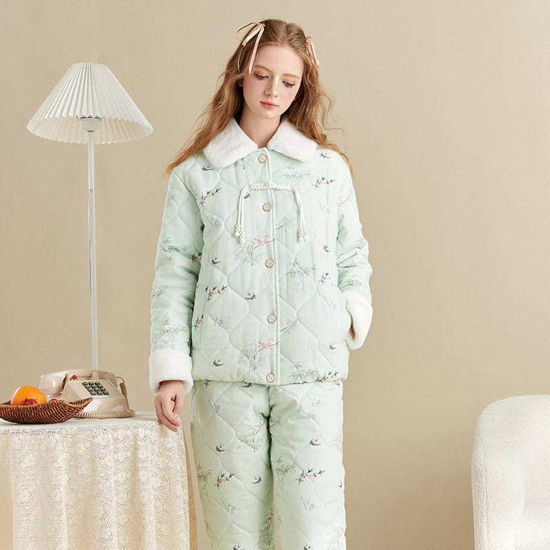 特厚睡衣女冬款加绒三层夹棉加厚保暖新款碎花绗棉家居服套装