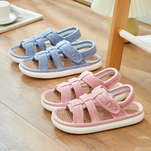 夏季包跟粗麻中老年凉鞋亚麻凉拖鞋魔术贴吸汗透气棉麻月子鞋拖鞋