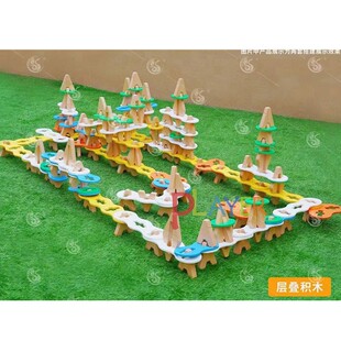 96片层叠积木幼儿园早教建构区材料叠叠高彩色榉木套叠积木玩具