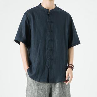 男短袖 薄款 100%亚麻衬衫 夏季 透气麻料上衣新中式 盘扣高端棉麻唐装