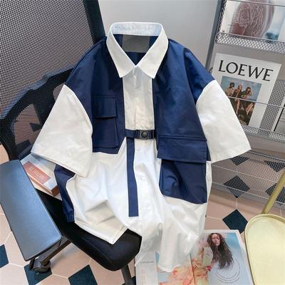 设计感小众撞色拼接假两件工装衬衫男女夏季休闲港风痞帅短袖上衣