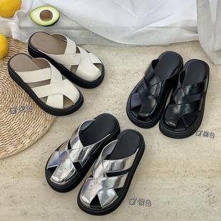 厚底增高包头半拖鞋 女夏外穿2025新款 镂空透气一脚蹬凉拖沙滩凉鞋