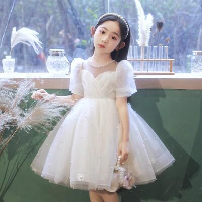 女童白色纱裙蓬蓬裙公主裙儿童裙子花童幼儿园毕业典礼礼服演出服