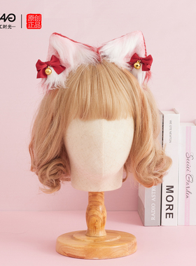 原创手作兽耳头饰发夹猫耳朵发卡红色发饰Lolita毛绒边夹少女可爱