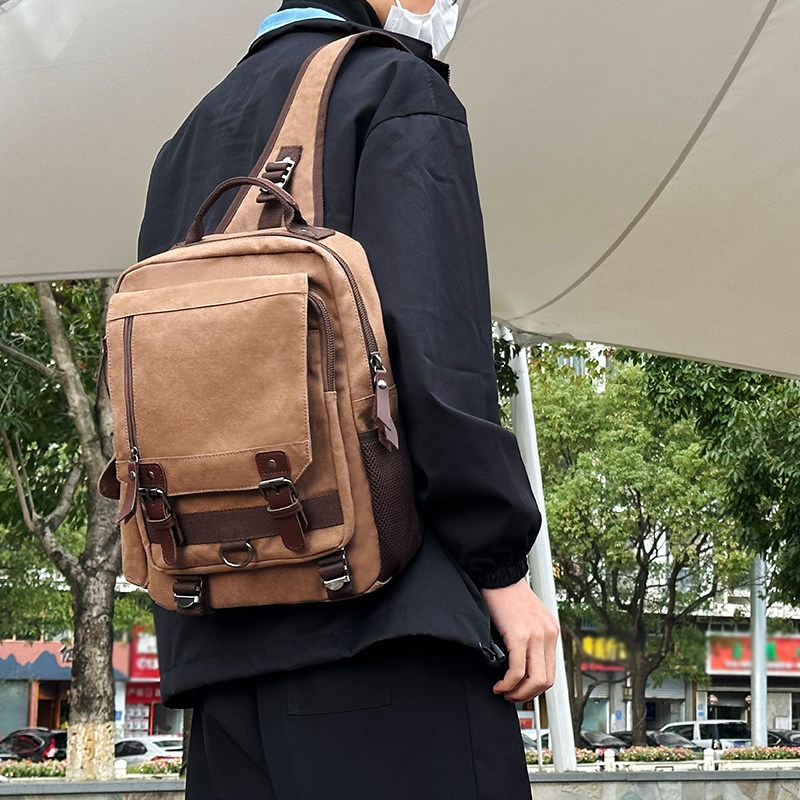 男士胸包大容量单肩斜挎包多功能双肩包复古帆布通勤电脑双肩背包