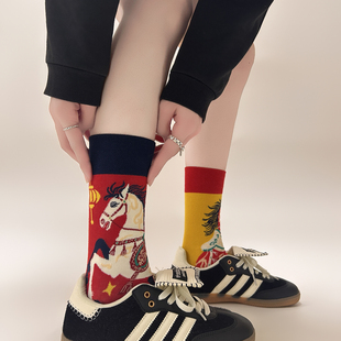 新年马年AB袜子女不对称设计红色本命年男女情侣款 中筒潮袜棉 个性