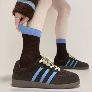 复古拼色袜子女藏青色双针ins潮竖条纹中筒袜高级显瘦女生堆堆袜