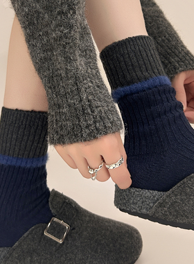 保暖加厚纱粗线袜子女中筒袜撞色条纹ins风韩系堆堆袜水貂绒长袜