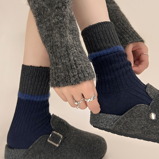 保暖加厚纱粗线袜子女中筒袜撞色条纹ins风韩系堆堆袜水貂绒长袜