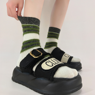 日杂感绿色系～糯叽叽 粗针羊毛秋冬袜子女 拼接条纹袜点亮秋冬