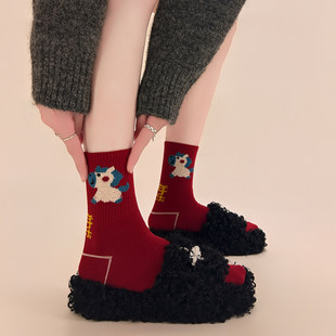 马年本命年红袜子女2026年属马暖冬新年袜过年可爱卡通棉袜中筒袜