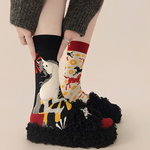 马运金财！AB不对称男女情侣鸳鸯袜~栩栩如生的马儿！红色新年袜