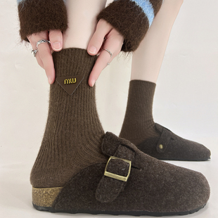 miu风冬日加厚保暖堆堆袜女搭皮标配饰冬季 纯色字母羊绒中筒袜子