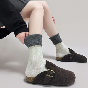 韩系爱心羊毛袜加绒加厚冬季 保暖撞色拼接灰色女生中筒堆堆袜 新品
