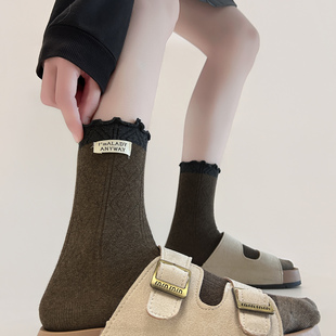秋冬咖色系复古美拉德条纹系中筒袜条纹布标精梳棉保暖女生堆堆袜