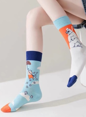 Like Sock AB卡通不对称创意情侣街头风撞色男女鸳鸯ins中筒潮袜