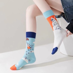 Like AB卡通不对称创意情侣街头风撞色男女鸳鸯ins中筒潮袜 Sock